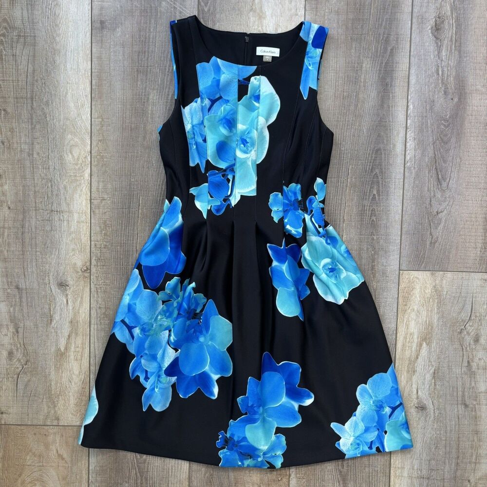 Calvin Klein Blue Black Sleeveless Floral Fit & Flare Cocktail Dress Sz 8 Spring - Picture 3 of 11